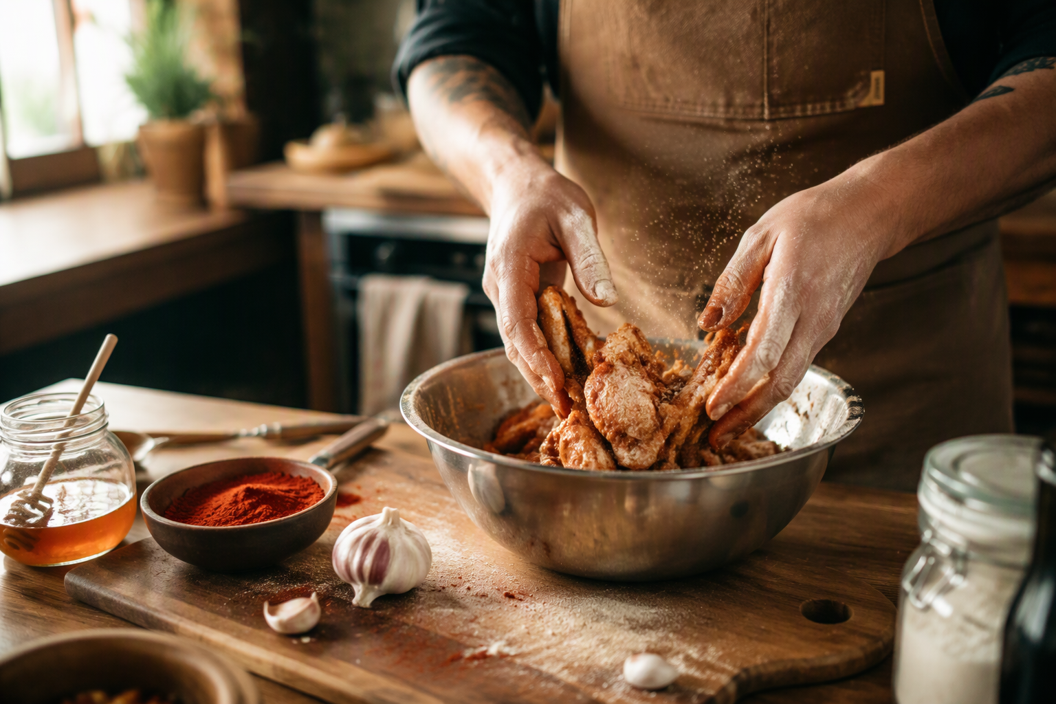 Hands tossing raw chicken wings in a marinade bowl in a rustic kitchen