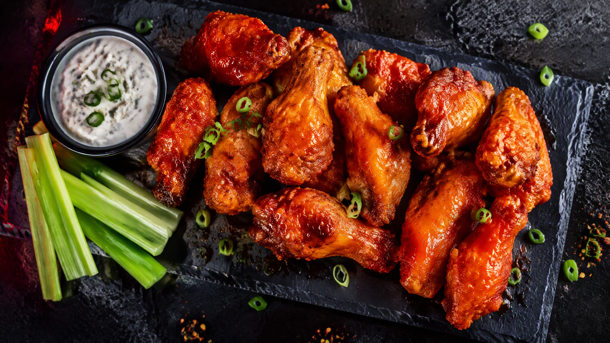 A pile of crispy buffalo chicken wings with celery and blue cheese dip