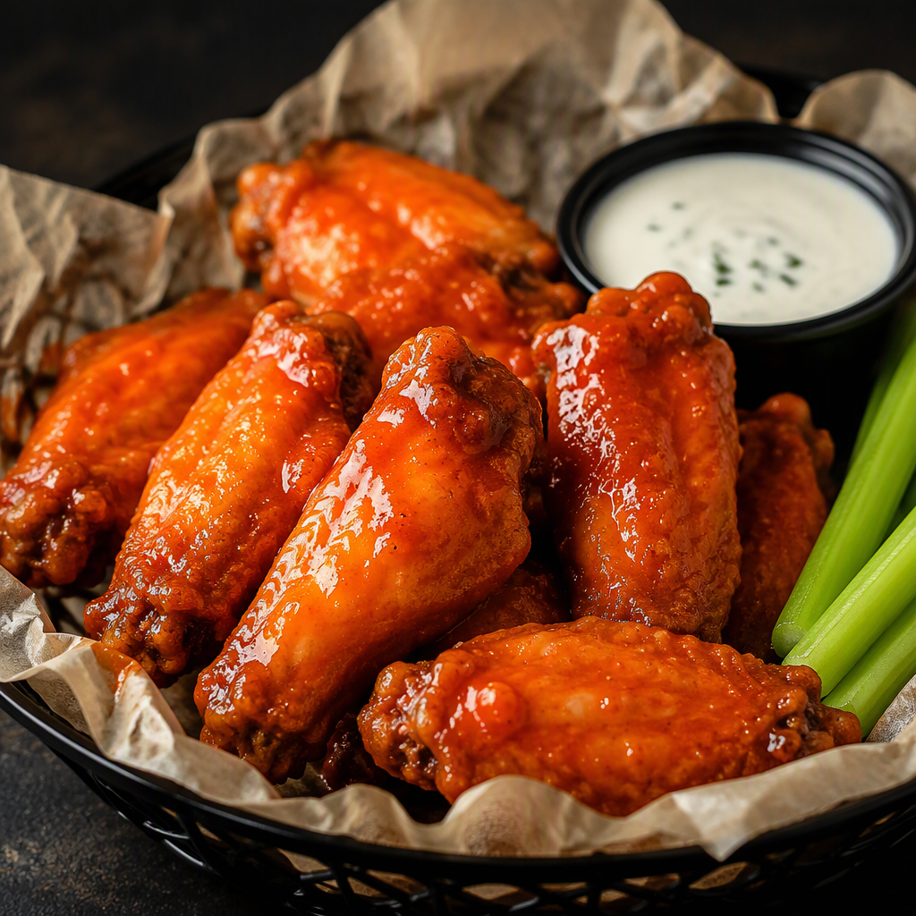 Classic buffalo wings coated in red hot sauce
